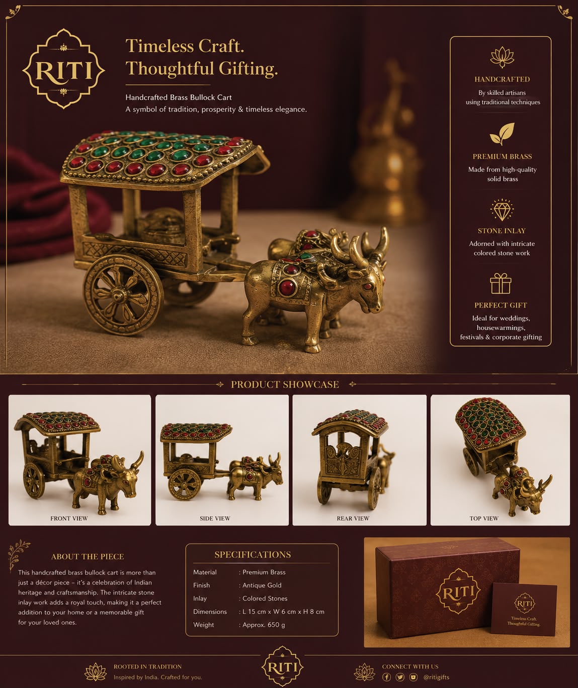 Handcrafted Brass Bullock Cart with Stone Inlay