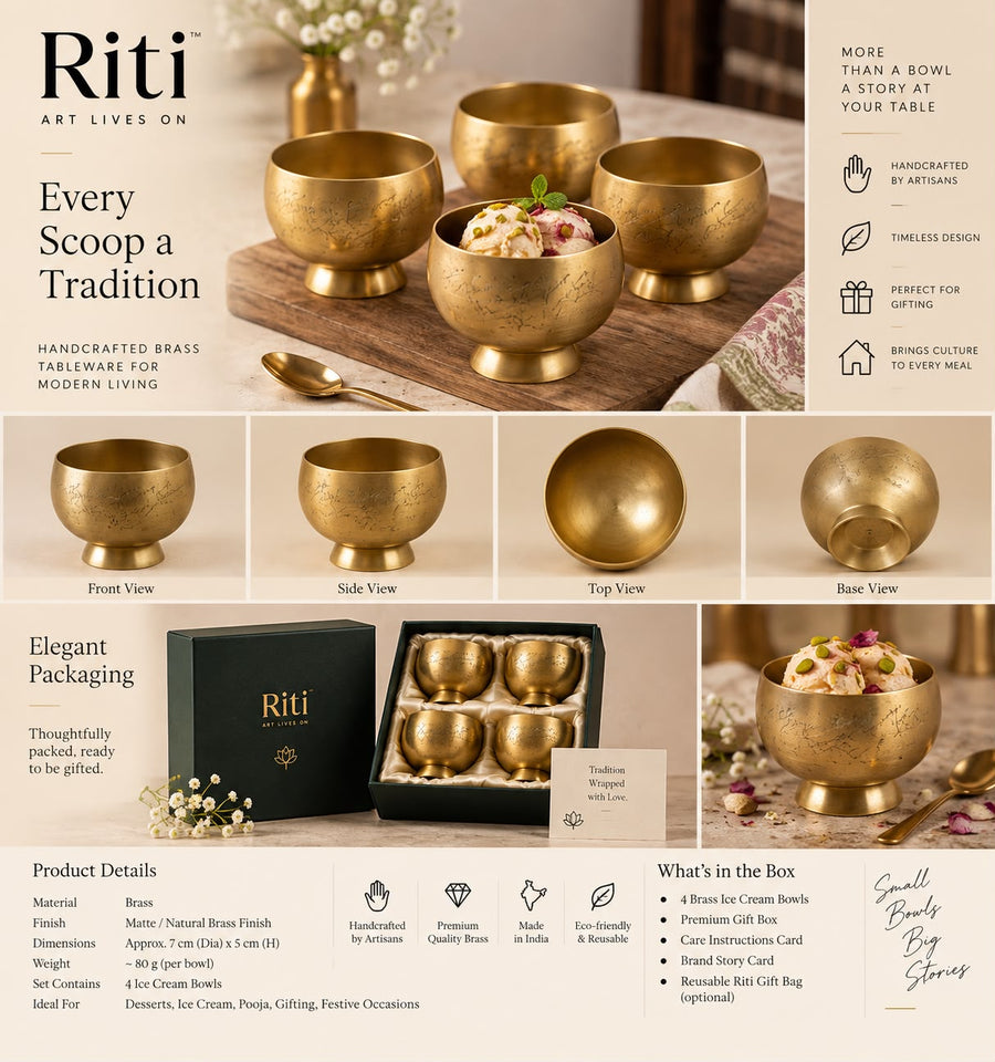 Handcrafted Brass Ice Cream Bowls — Set of 4 | Matte Natural Brass Finish