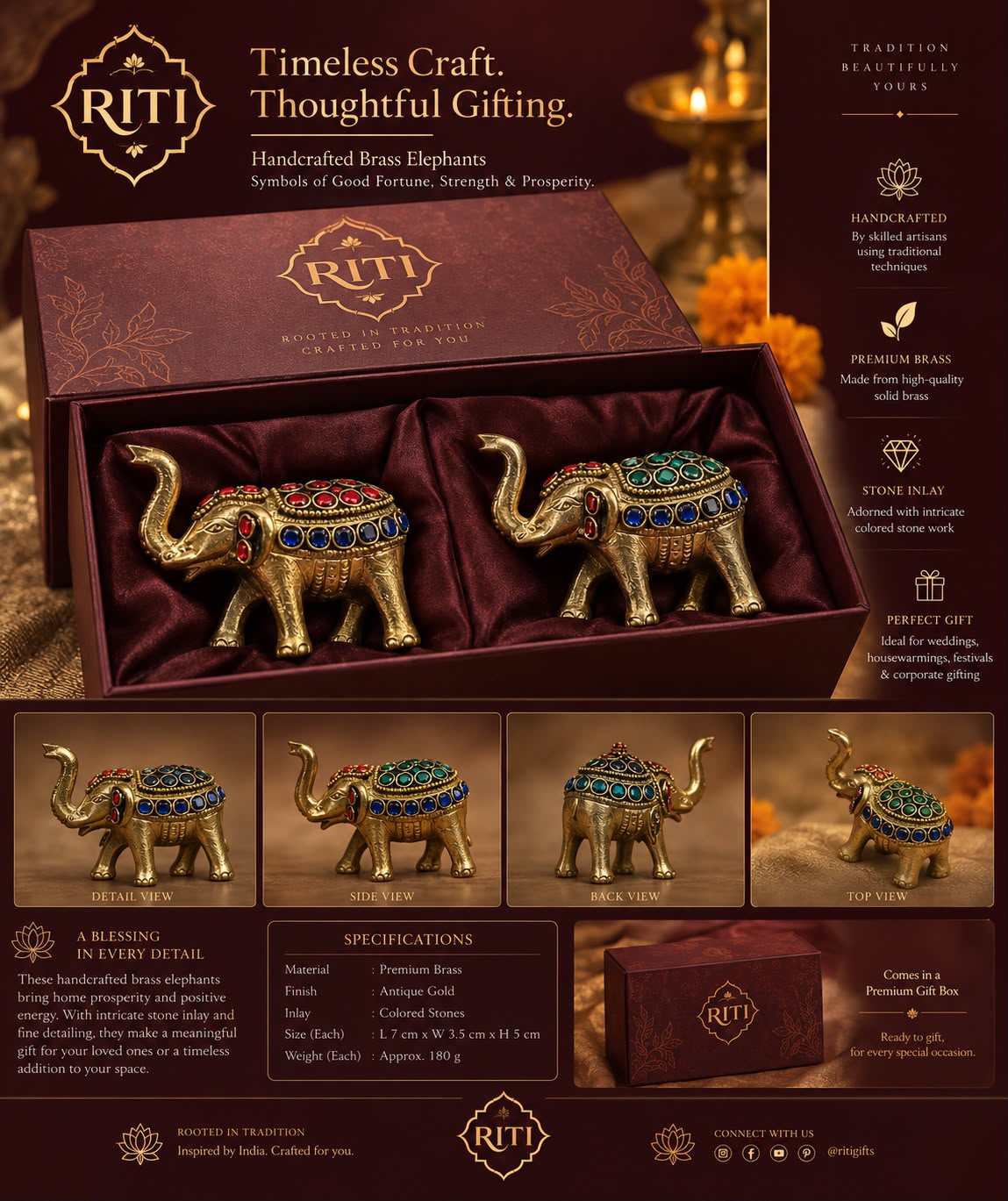 Handcrafted Brass Elephants with stone inlay by RITI — Set of 2 in gift box