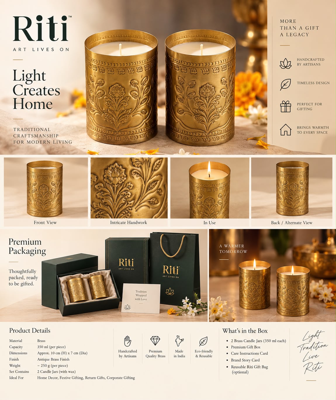 Handcrafted Brass Candle Jars with intricate floral handwork by Riti — Set of 2