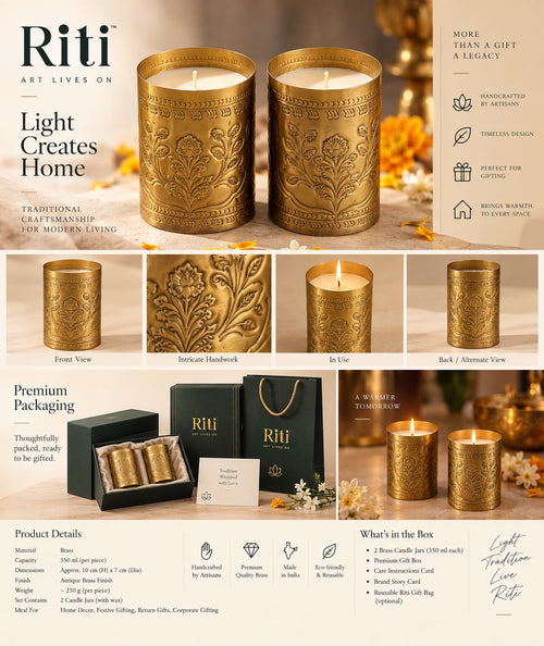 Handcrafted Brass Candle Jars with intricate floral handwork by Riti — Set of 2