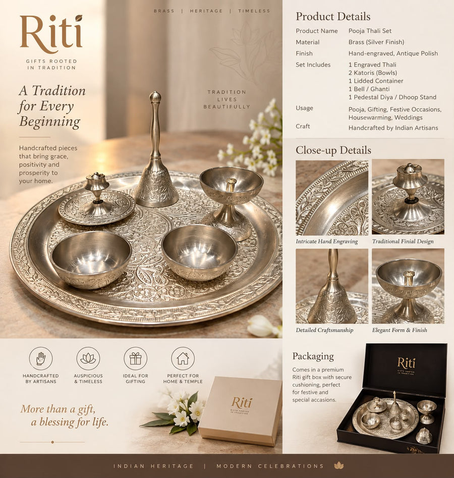 Handcrafted Brass Pooja Thali Set by Riti — silver finish with hand engraving, antique polish, in premium gift box