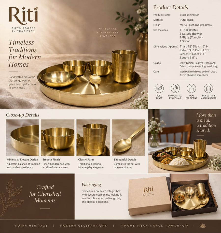 Handcrafted Pure Brass Dining Set by Riti — Thali, Katoris, Glass and Spoon in premium gift box