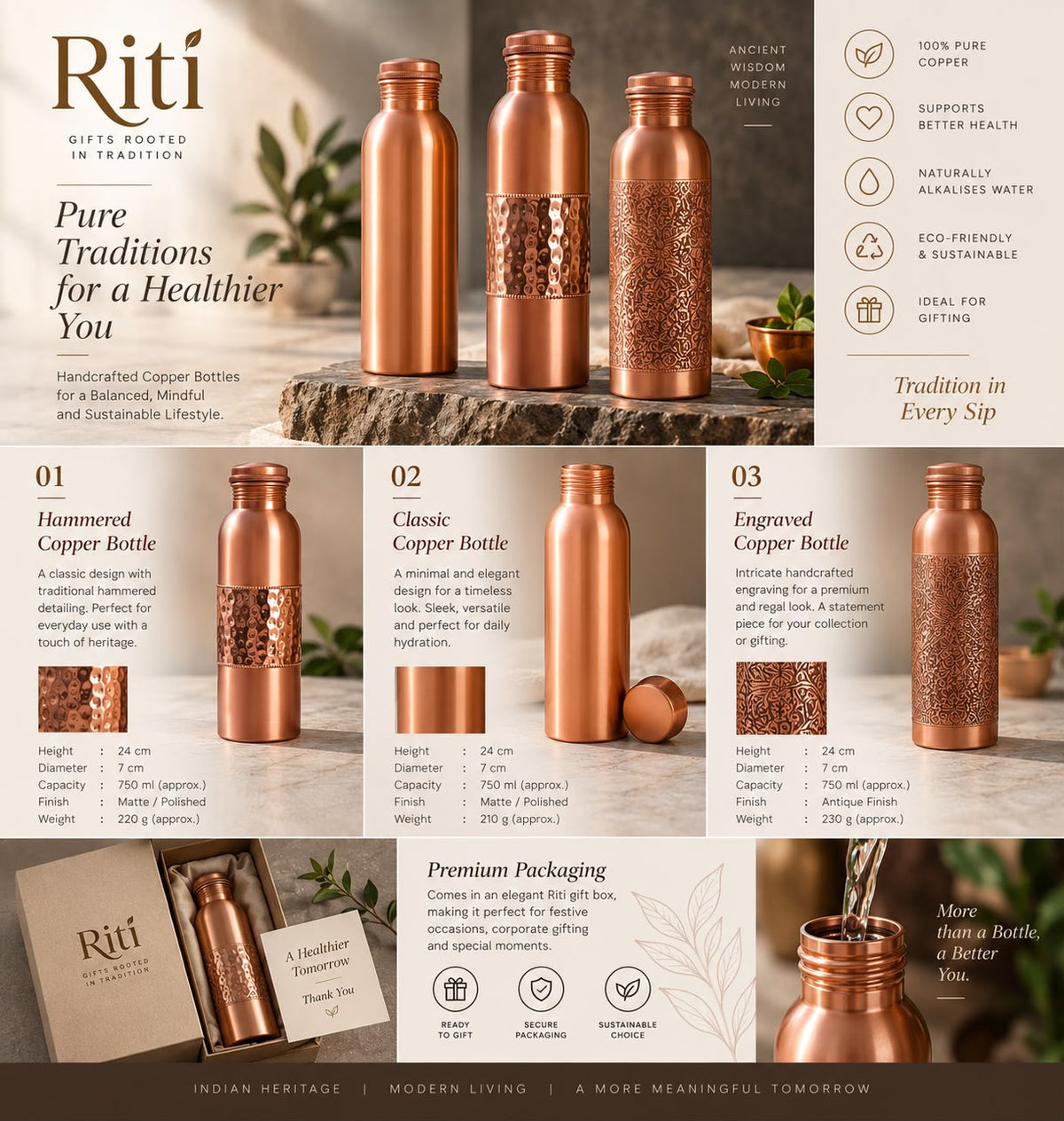 Handcrafted Pure Copper Bottles by Riti — Hammered, Classic and Engraved styles, 750ml
