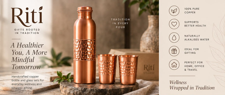 Handcrafted Pure Copper Bottle and Glass Combo Set by Riti — Hammered, Minimal and Engraved styles
